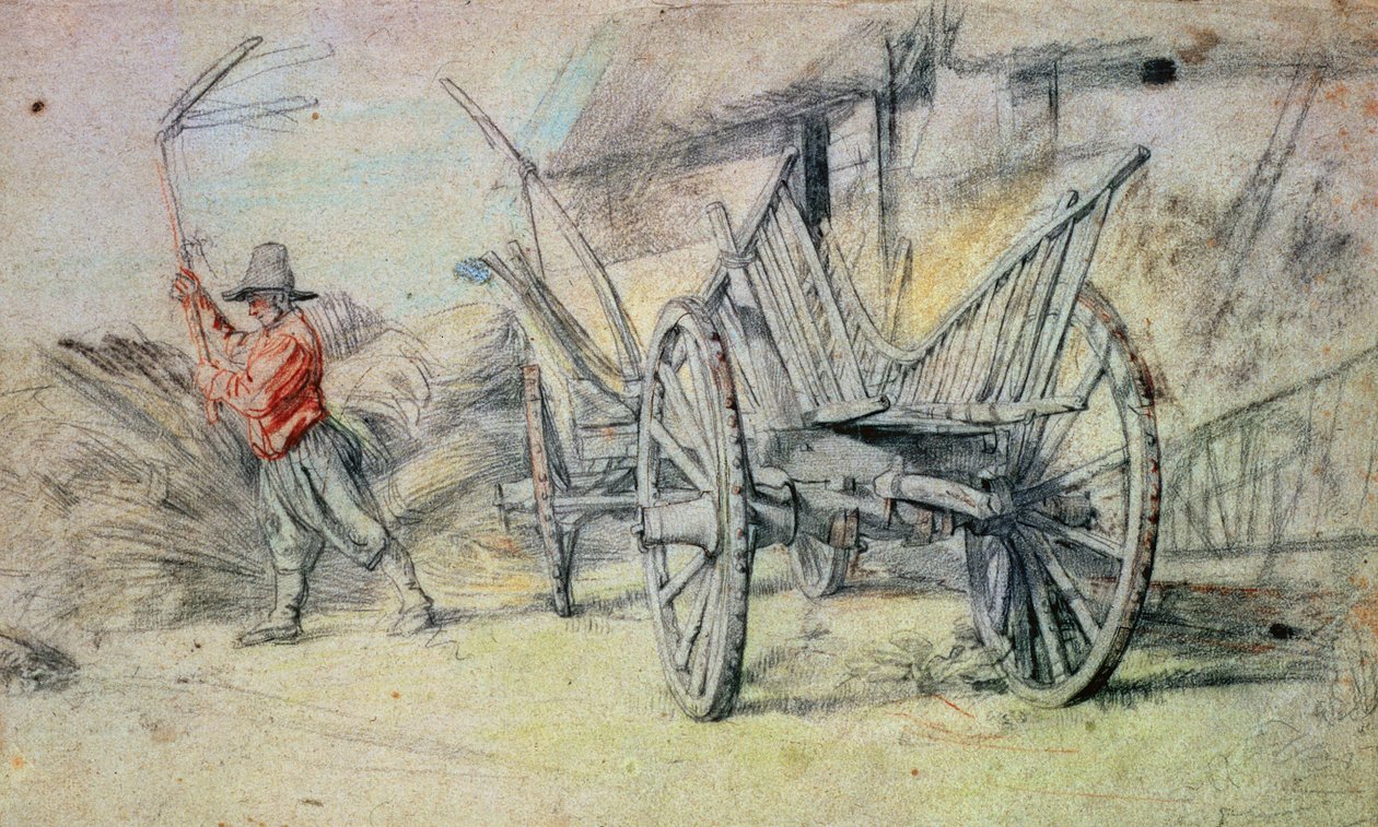 Mężczyzna młócący z wózkiem rolniczym na pierwszym planie autorstwa Peter Paul Rubens
