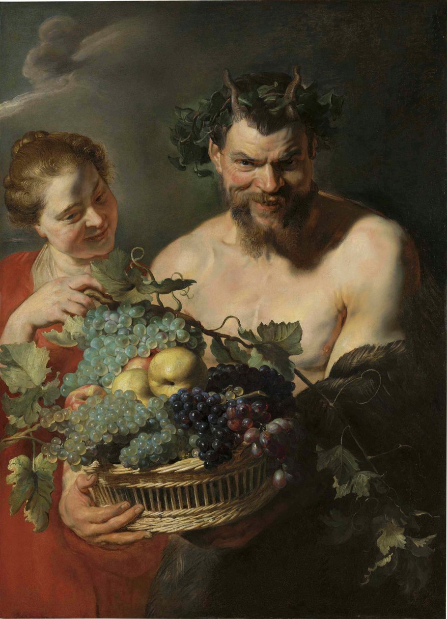 Satyr trzymający kosz winogron i pigwy z nimfą, autor: Peter Paul Rubens autorstwa Peter Paul Rubens