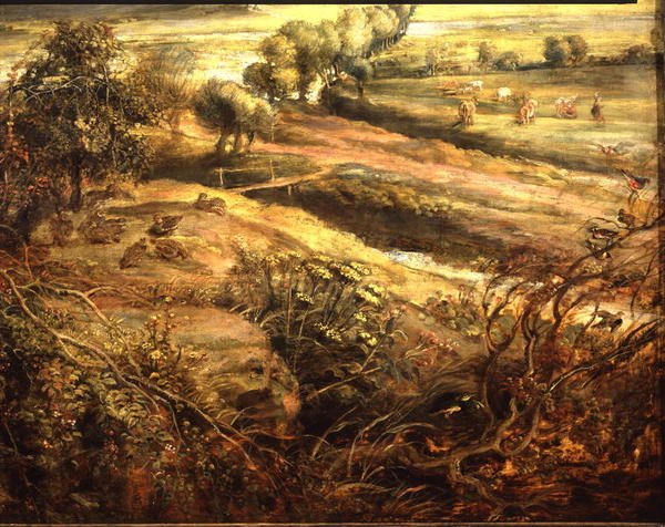 Pejzaż jesienny z widokiem na Het Steen wczesnym rankiem, ok. 1636 (olej na płycie) (detal z 211075) autorstwa Peter Paul Rubens