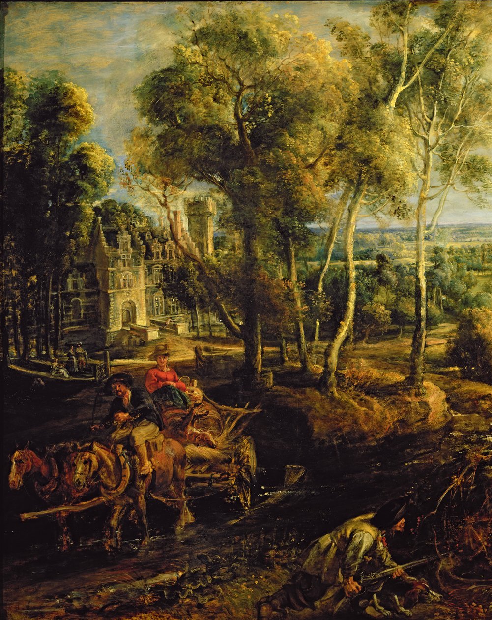 Jesienny pejzaż z widokiem na Het Steen wczesnym rankiem, ok. 1636 olej na płycie, detal z 211075 autorstwa Peter Paul Rubens