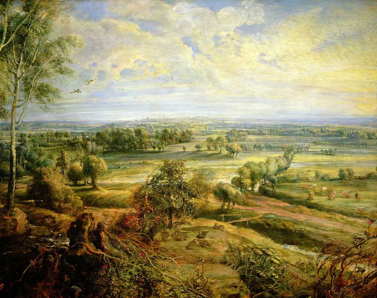 Jesienny pejzaż z widokiem na Het Steen wczesnym rankiem, ok. 1636 olej na płycie, detal z 211075 autorstwa Peter Paul Rubens
