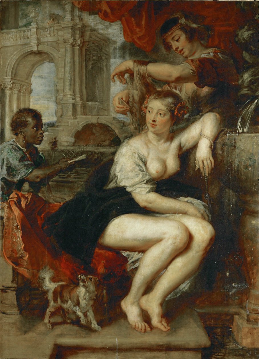 Batszeba przy studni, chłopiec przynosi list króla Dawida (obraz na drewnie dębowym) autorstwa Peter Paul Rubens