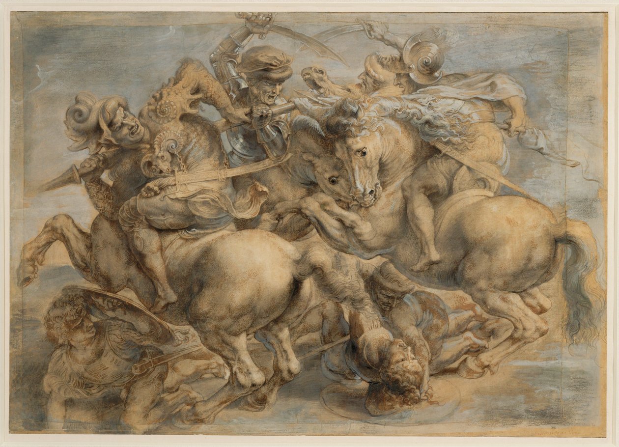 Bitwa pod Anghiari (brązowy tusz, czarny kamień, pędzel, pióro, podkreślone gwaszem i bielą ołowiową) autorstwa Peter Paul Rubens