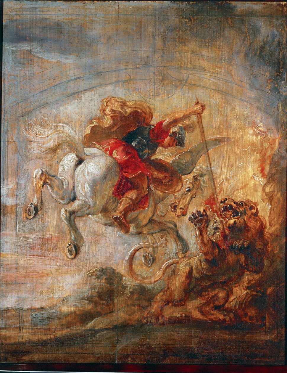Bellerophon na Pegazie walczy z Chimerą (olej na płótnie) autorstwa Peter Paul Rubens