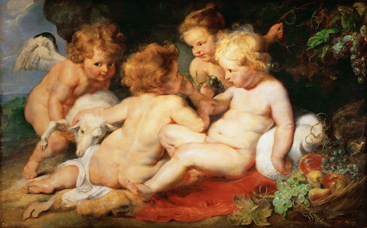 Chrystus i Jan Chrzciciel jako dzieci z dwoma aniołami - Pieter Paul Rubens (1577-1640). Olej na drewnie, ok. 1615-1620. Wymiar : 76,5x122,3 cm. Muzeum Historii Sztuki, Wiedeń autorstwa Peter Paul Rubens