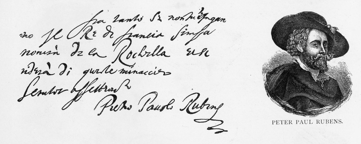 Pismo i podpis Rubensa z włoskiego listu o klęsce angielskiej marynarki wojennej w oblężeniu La Rochelle, napisanego z Antwerpii, 30 grudnia 1627 r. autorstwa Peter Paul Rubens