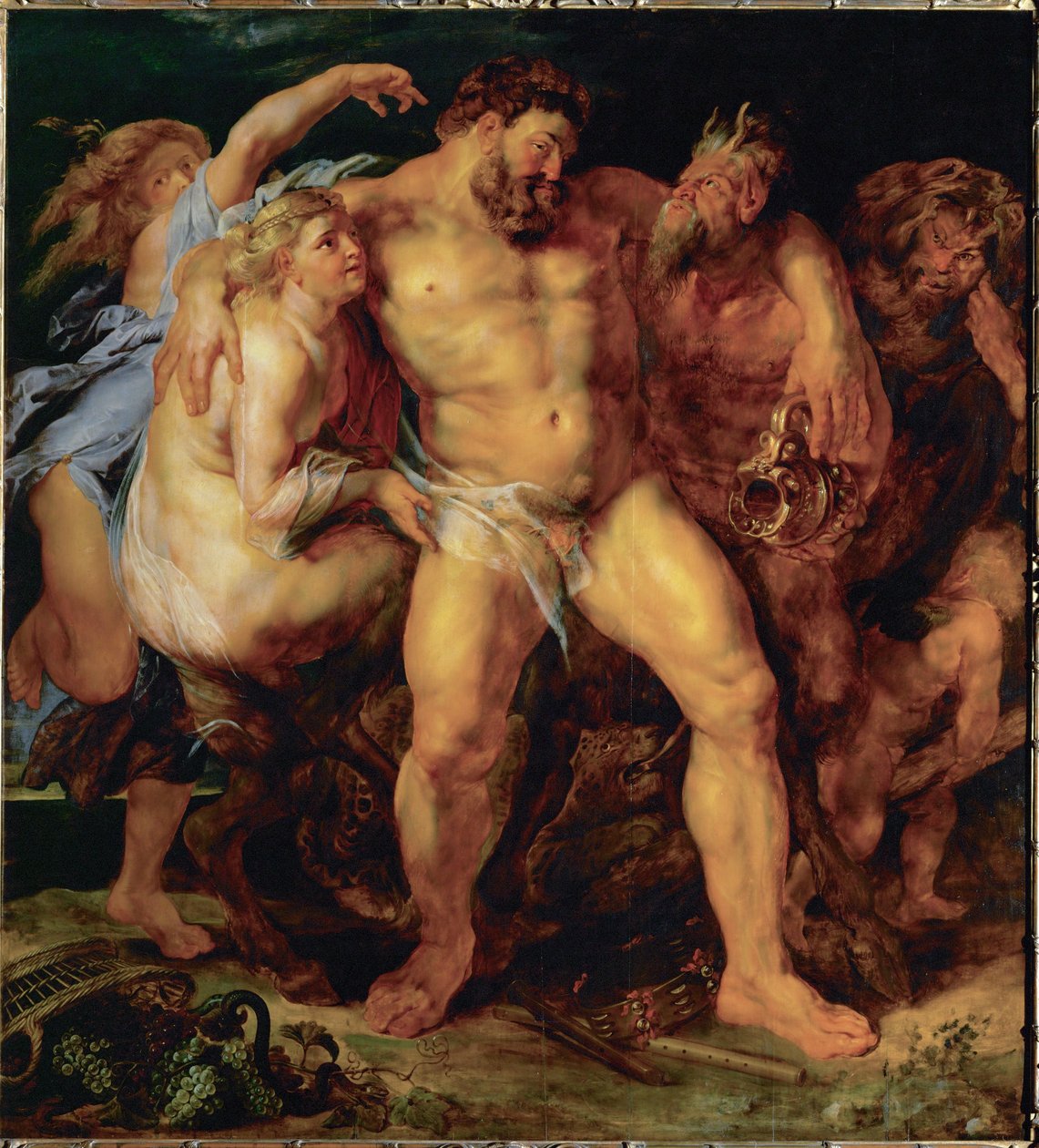 Herkules, pijany, prowadzony przez nimfę i satyra, ok. 1612-14 (obraz na drewnie dębowym) autorstwa Peter Paul Rubens