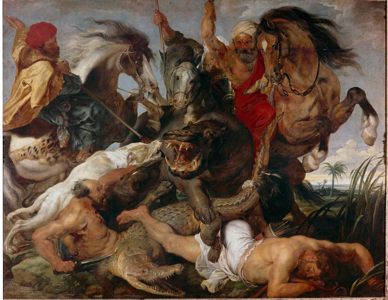 Polowanie na hipopotamy i krokodyle. Obraz Pierre Paul (Pierre-Paul) Rubens (lub Peter Paul lub Petrus Paulus) (1577-1640) autorstwa Peter Paul Rubens