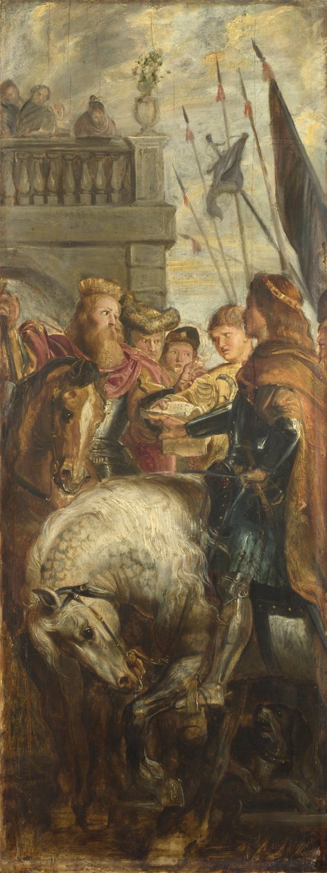 Królowie Clothar i Dagobert spierają się z heroldem cesarza Mauritiusa. Szkic do Wysokiego Ołtarza, St Bavo, Gandawa, 1611 autorstwa Peter Paul Rubens