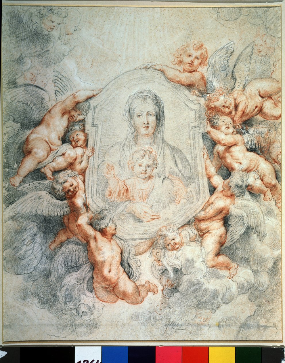 Dziewica z Dzieciątkiem adorowana przez anioły (Madonna adorowana przez anioły, Madonna della vallicella). Malowanie w malarstwie. Rysunek Petera Paula (Pierre-Paul) Rubensa (lub Peter Paul lub Petrus Paulus) (1577-1640). Kreda i czerwona kreda na papierze autorstwa Peter Paul Rubens