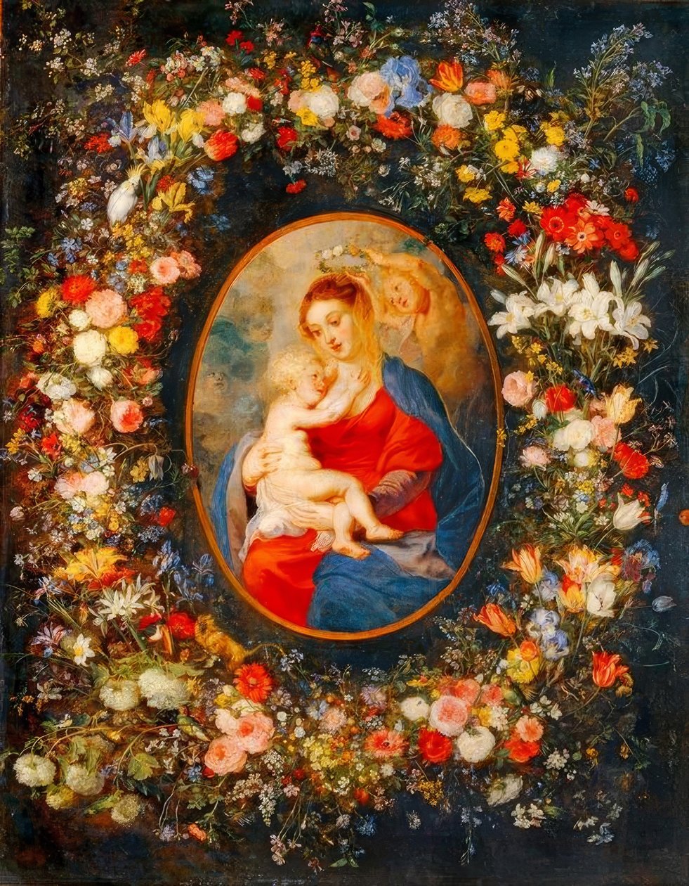 Dziewica, Dzieciątko Jezus i anioły pośrodku wianka z kwiatów autorstwa Peter Paul Rubens