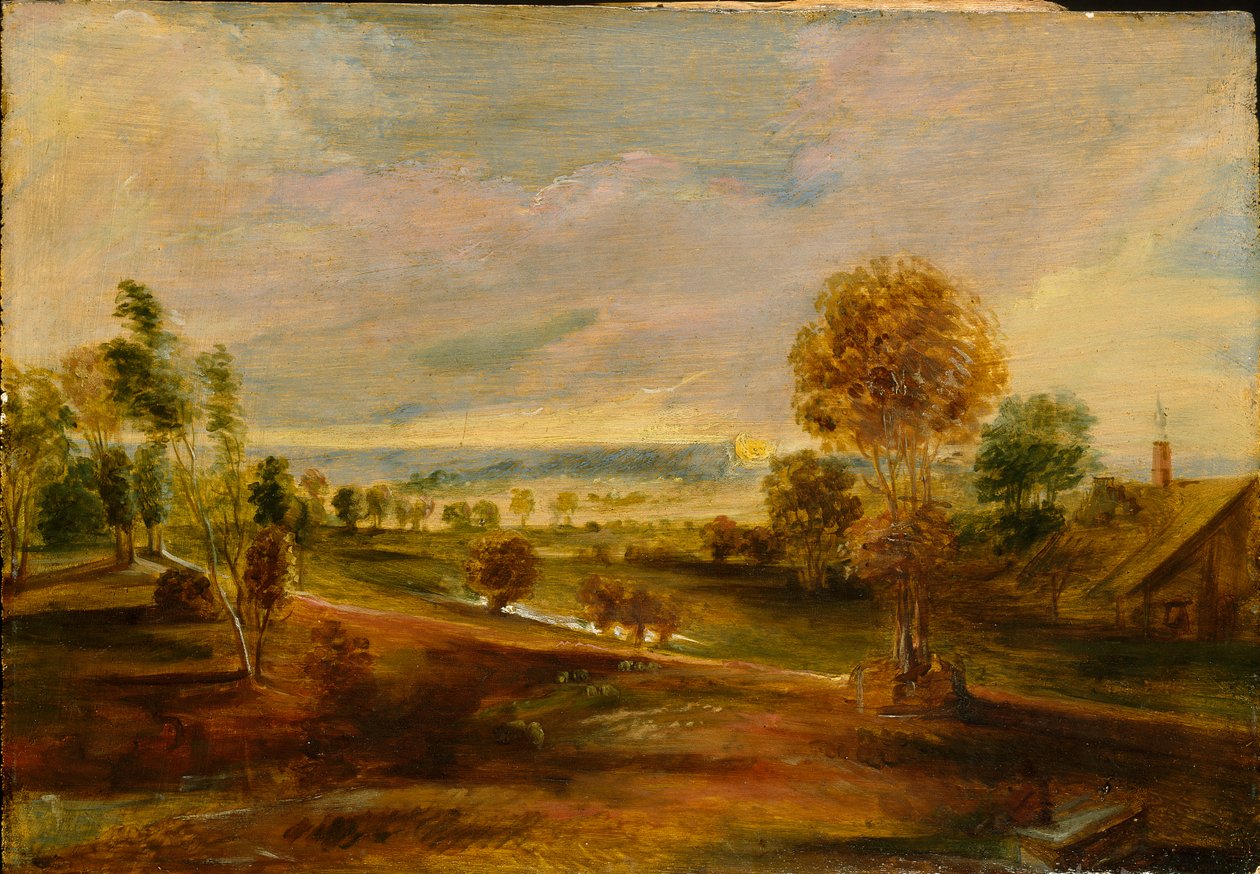 Krajobraz z budynkami gospodarczymi o zachodzie słońca, 1600-1640 autorstwa Peter Paul Rubens