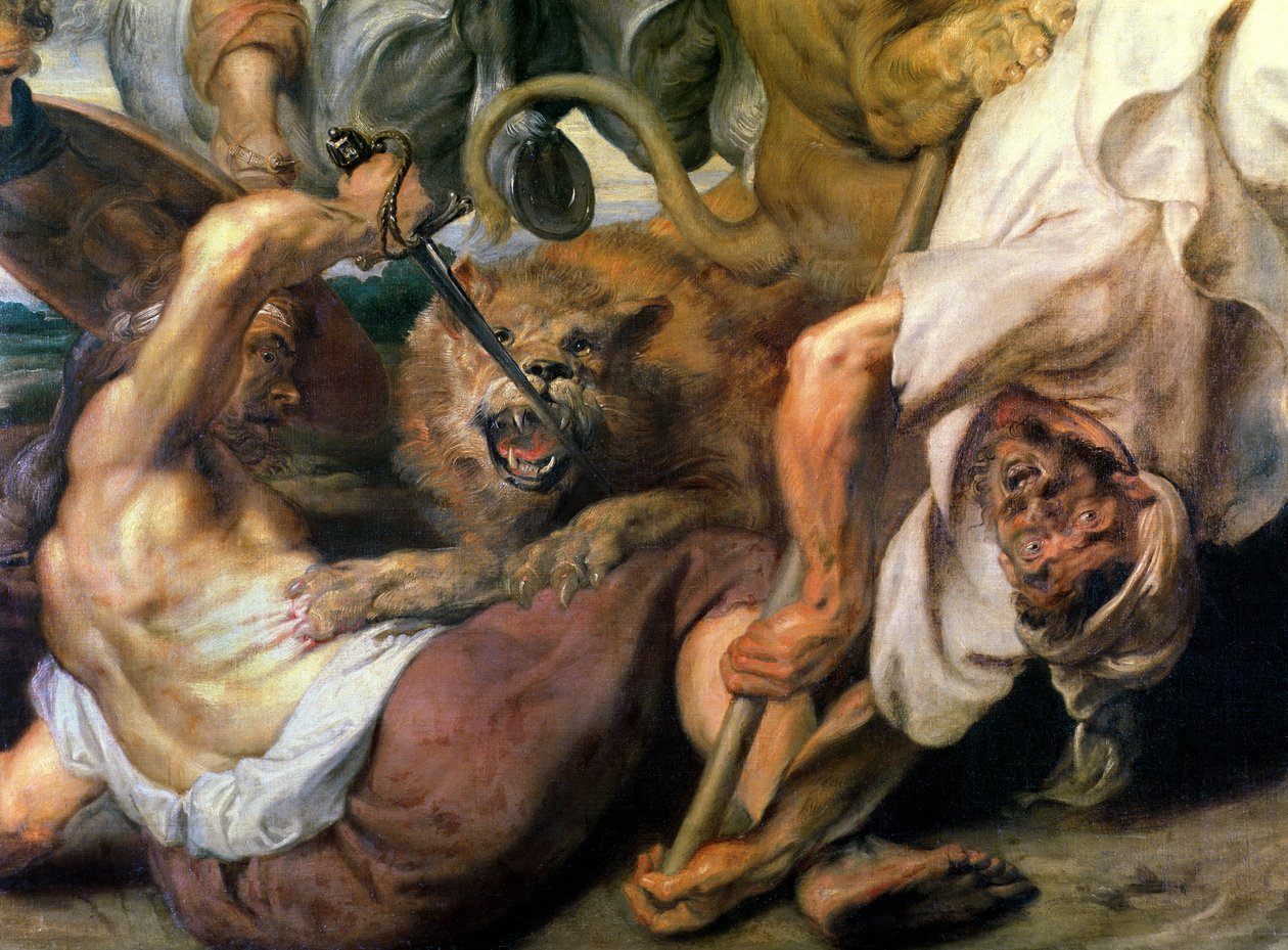 Polowanie na lwa, fragment dwóch mężczyzn i lwa, 1621 autorstwa Peter Paul Rubens