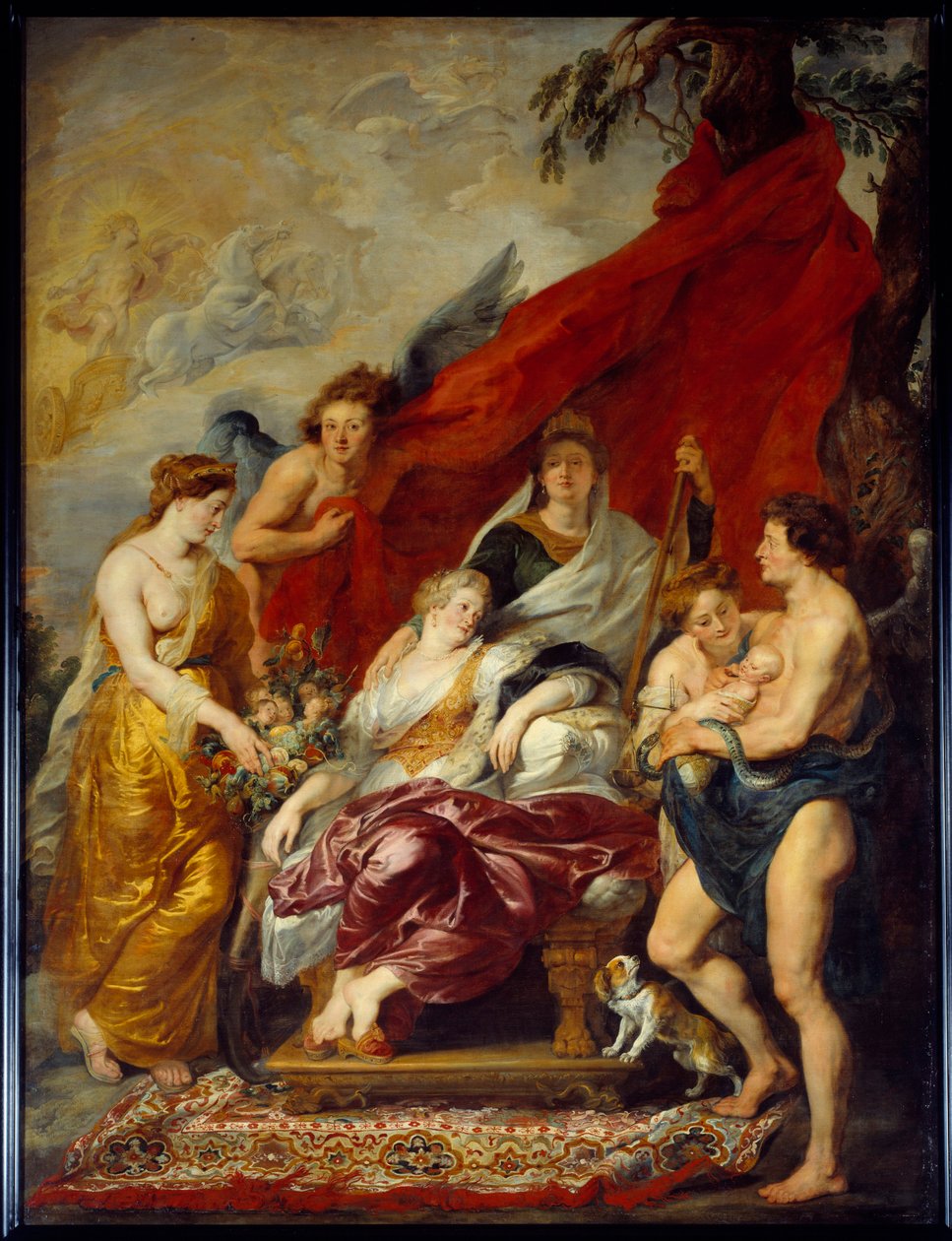 Ludwik XIII urodził się w Fontainebleau 27 września 1601 roku. Jego matka Marie de Medicis (Maria de Medici) zasiada na tronie i patrzy na nowy ne. Obraz Pierre Paul (Pierre-Paul) Rubens (lub Peter Paul lub Petrus Paulus) (1577-1640) autorstwa Peter Paul Rubens