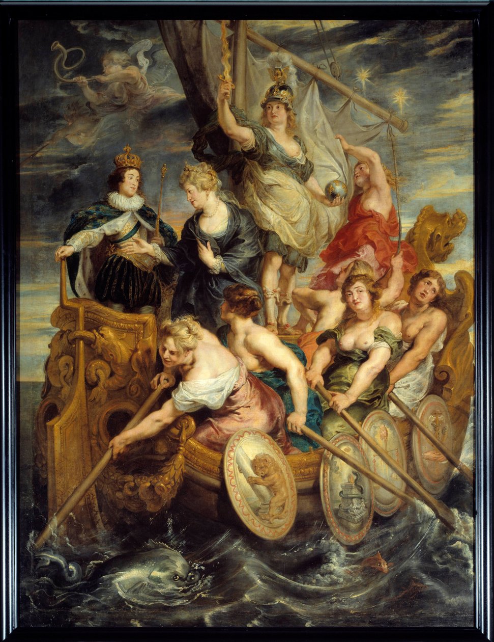 Większość Ludwika XIII (1601-1643) 20.10.1614 Alegoria objęcia władzy przez króla przedstawiająca statek prowadzony przez Siłę, Religię i Sprawiedliwość, płynący przez wioślarzy po wzburzonym morzu. Na pokładzie jest królowa Maria Medycejska, matka Ludwika autorstwa Peter Paul Rubens