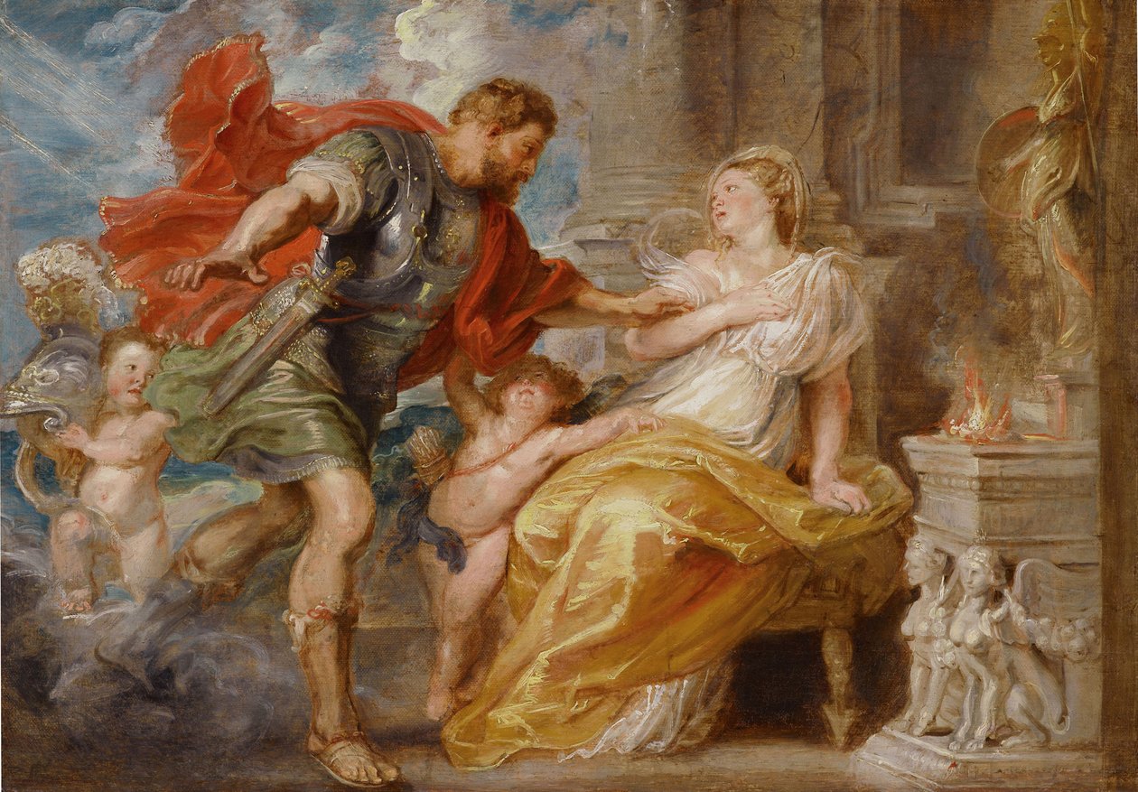 Mars i Rhea Silvia. (czasami nazywana Ilia jest matką bliźniaków Remusa i Romulusa). Obraz Petera Paula Rubensa (1577-1640), olej na płótnie, ok. 1616-1617. Sztuka flamandzka autorstwa Peter Paul Rubens