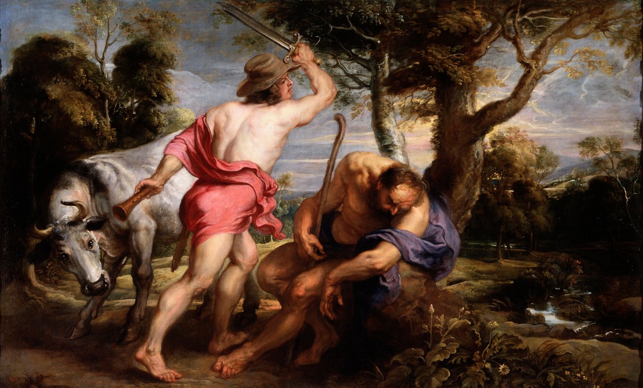 ""Merkury i Argus"" Zeus polecił Merkuremu uśpić Argusa, strażnika Io, przemienionego w jałówkę przez Herę (Merkury i Argusa) Obraz Pietera Paula Rubensa (1577-1640) 1636-1638 Dim 180x298 cm Museo del Prado, Madryt autorstwa Peter Paul Rubens