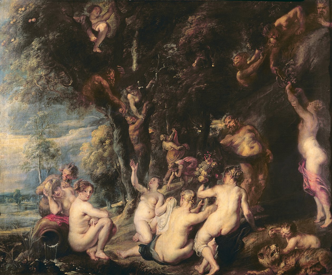 Nimfy i satyry, ok. 1635 (olej na płótnie) autorstwa Peter Paul Rubens