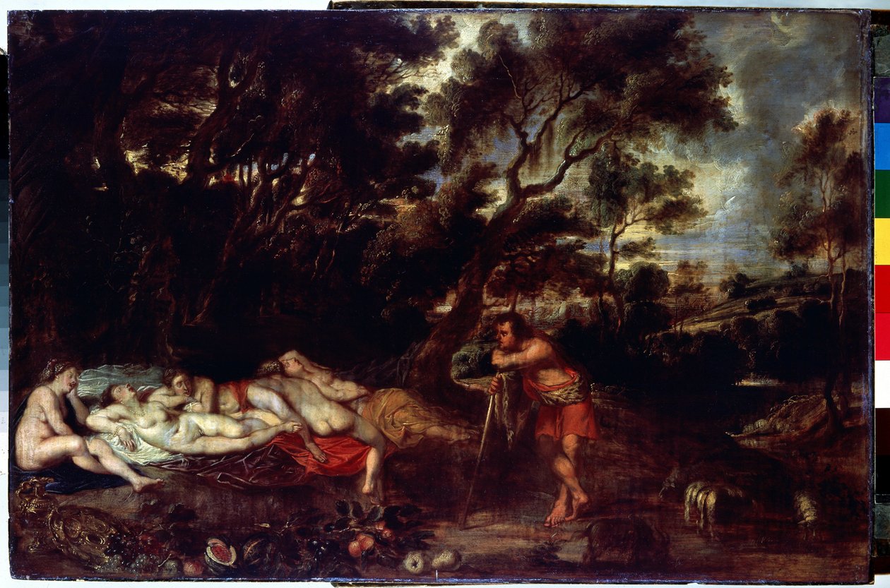 Krajobraz z Cymonem i Ifigenią (Pejzaż z Cymonem i Ifigenią). Obraz Petera Paula (Pierre-Paul) Rubensa (lub Peter Paul lub Petrus Paulus) (1577-1640). Olej na drewnie, 49 x 73 cm. Sztuka flamandzka, sztuka barokowa. Muzeum Ermitażu w Sankt Petersburgu. autorstwa Peter Paul Rubens