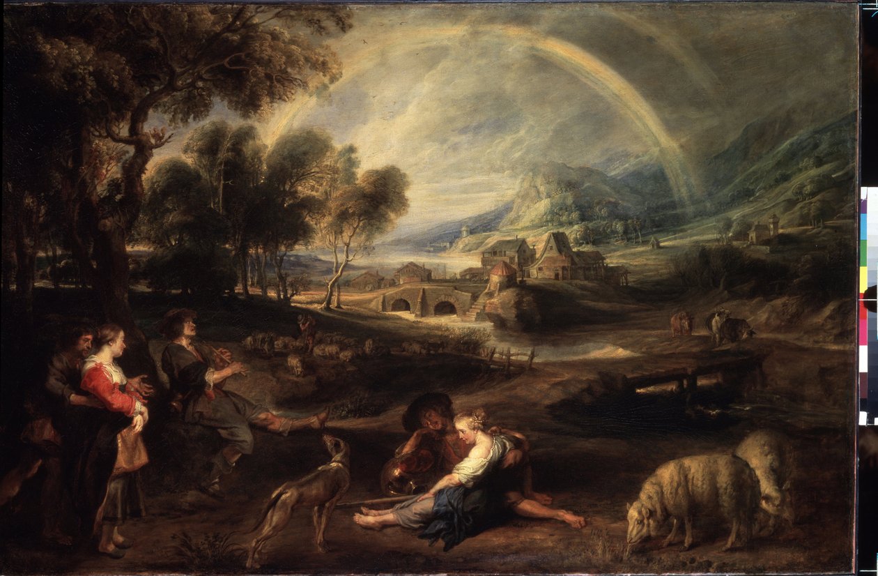 Krajobraz z tęczą. Obraz Petera Paula (Pierre-Paul) Rubensa (lub Peter Paul lub Petrus Paulus) (1577-1640). Olej na płótnie, 86 x 130 cm, początek 1630. Sztuka flamandzka, sztuka barokowa. Muzeum Ermitażu w Sankt Petersburgu. autorstwa Peter Paul Rubens