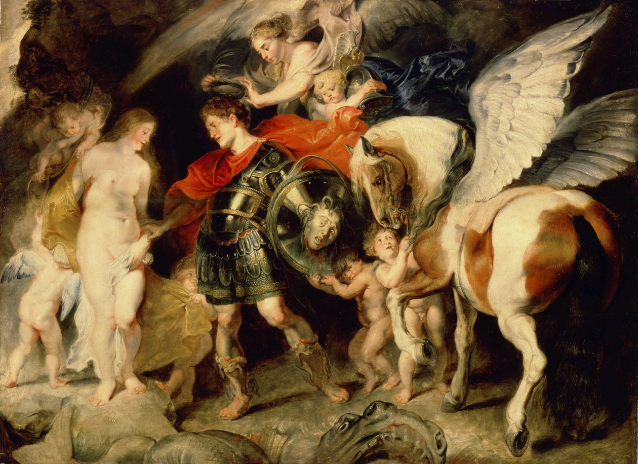 „Perseusz i Andromeda” (Perseusz i Andromeda) Andromeda przykuta do skały jest dostarczana przez Persee w towarzystwie Pagaza. Na jego tarczy głowa Meduzy, którą zabił. Obraz Pierre Paul (Pierre-Paul) Rubens (lub Peter Paul lub Petrus Paulus) (1 autorstwa Peter Paul Rubens
