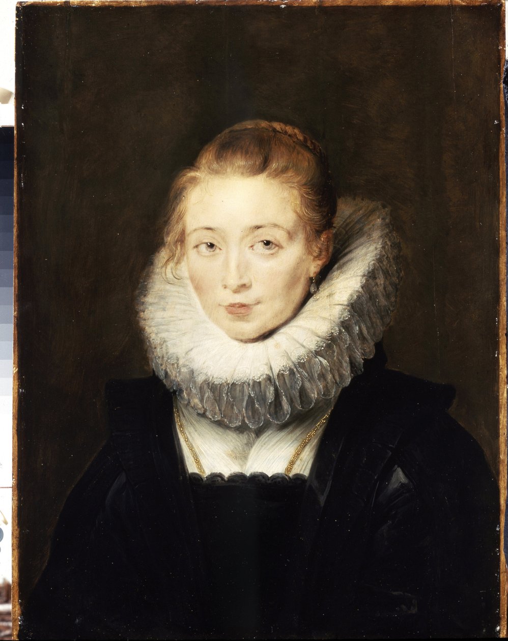 Portret damy dworu Infantki Izabeli (1566-1633). Nosi truskawkowy kołnierzyk. (Portret pani w oczekiwaniu na Infantkę Izabelę). Obraz Petera Paula (Pierre-Paul) Rubensa (lub Peter Paul lub Petrus Paulus) (1577-1640). olej autorstwa Peter Paul Rubens