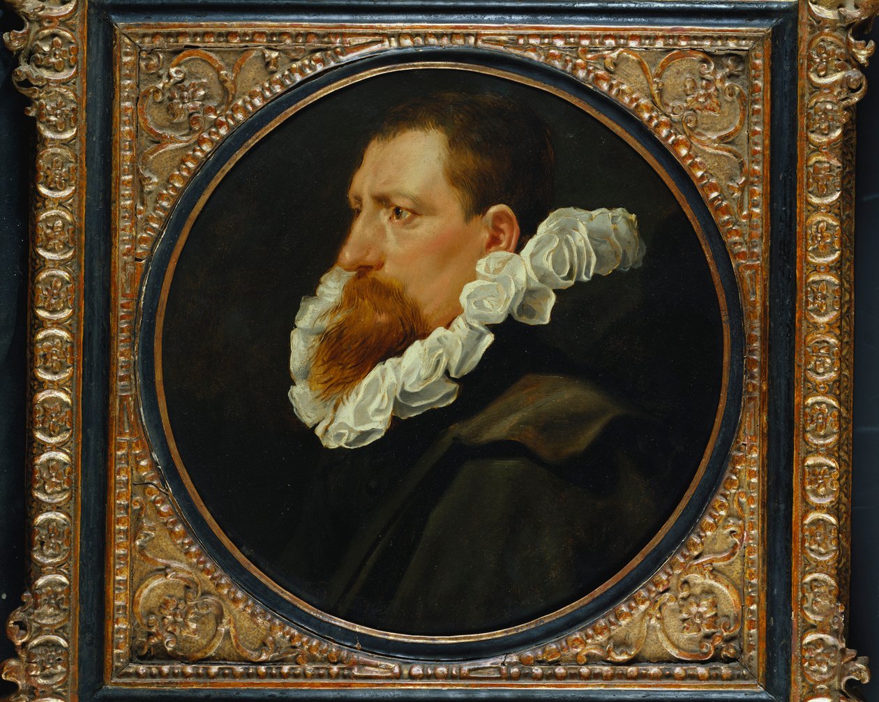 Portret dżentelmena o niewielkim biuście, ubrany w białą kryzę i szary płaszcz autorstwa Peter Paul Rubens