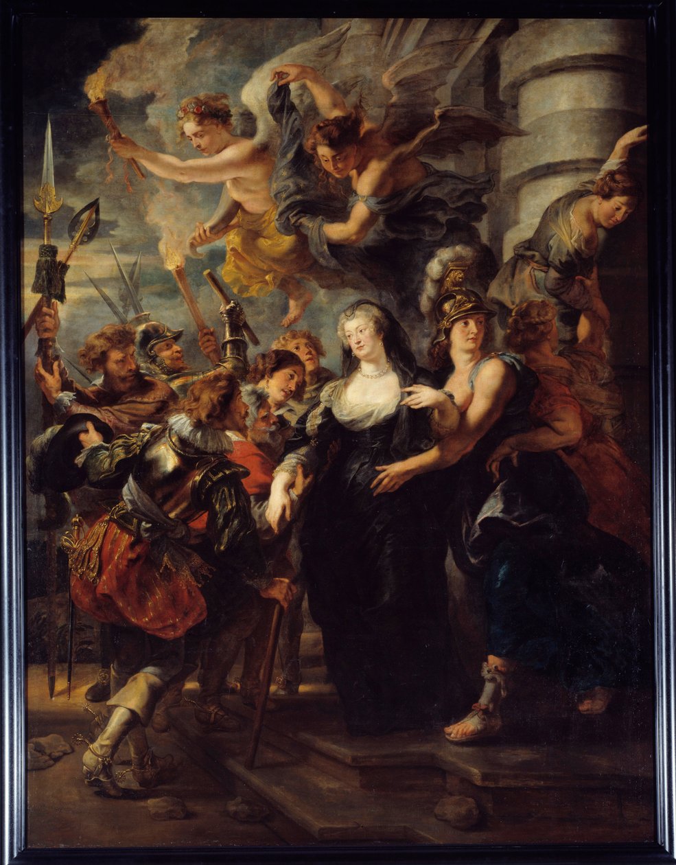Królowa Maria de Medicis (1573-1642) uciekła z Chateau de Blois w nocy z 21 na 22 lutego 1619. Królowa Francji na wygnaniu w Blois podczas „wojny matki i syna” uciekła do Angouleme. Anioły z pochodniami prowadzą królową właściwą ścieżką. Ból autorstwa Peter Paul Rubens