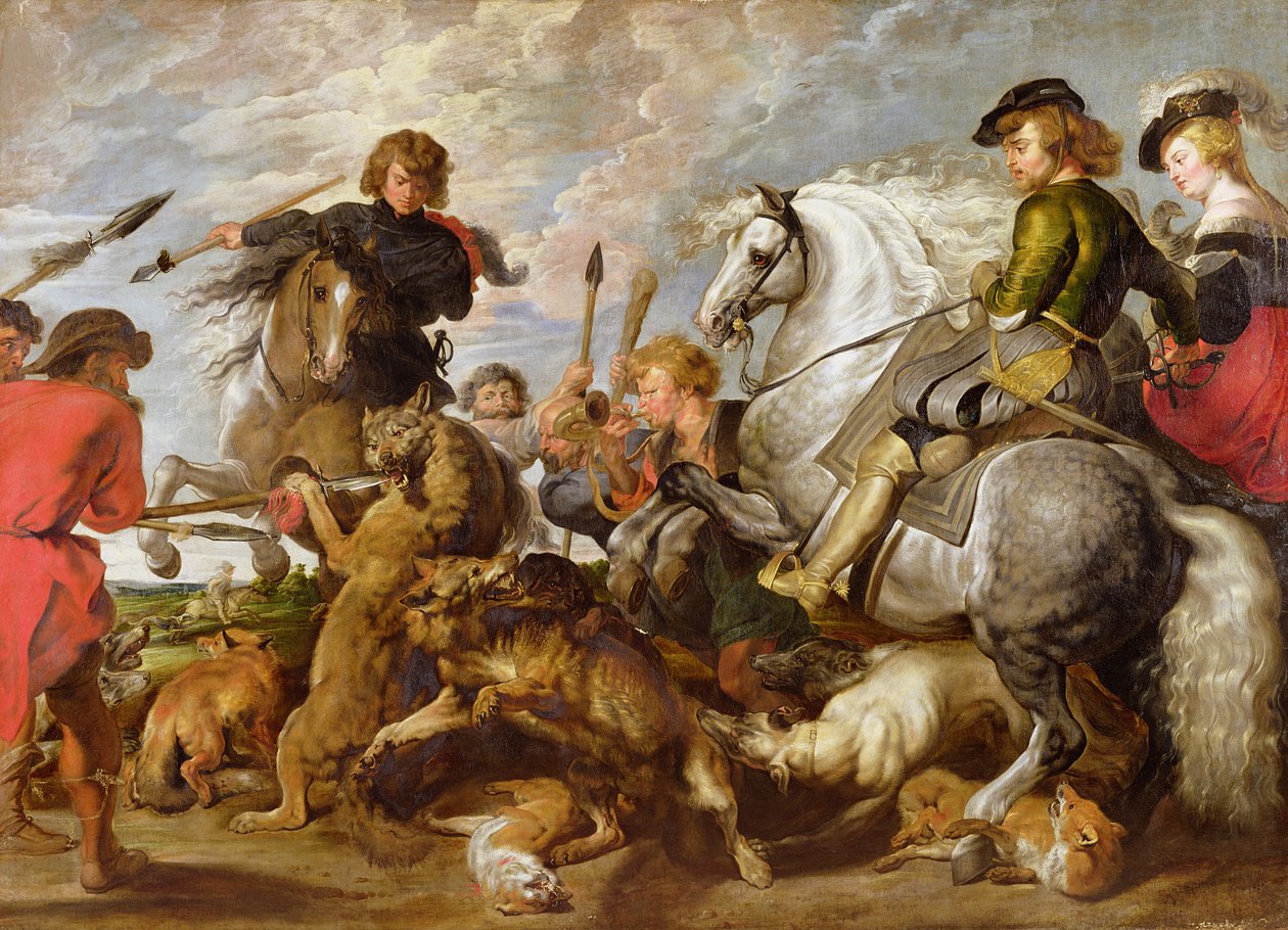 Rubens jego Druga żona i syn w polowaniu na wilki i lisy, według oryginału Rubensa autorstwa Peter Paul Rubens