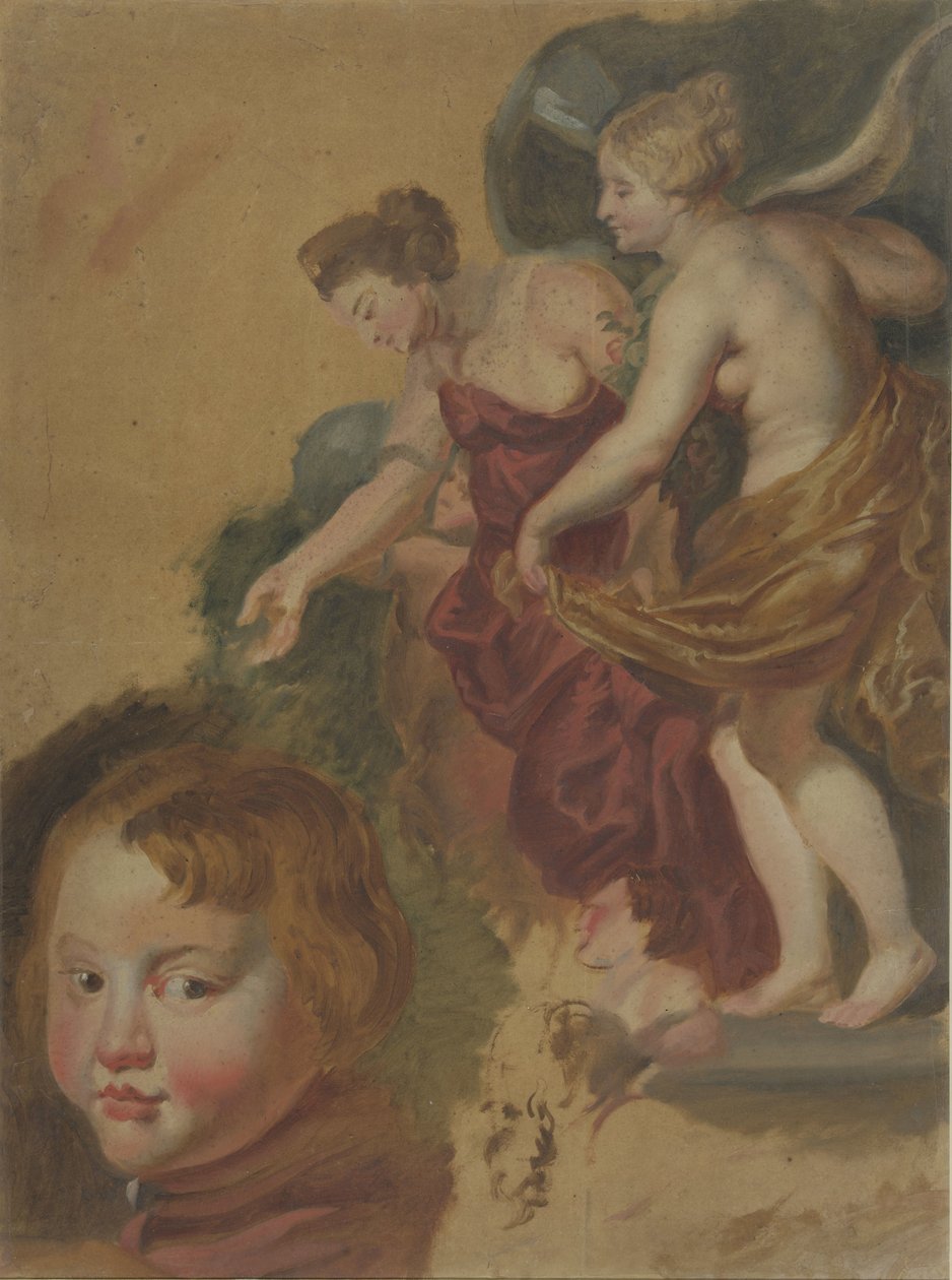 Arkusz do nauki ze szczęśliwymi rządami Marii dei Medici, głową chłopca i głową dwóch mężczyzn. autorstwa Peter Paul Rubens