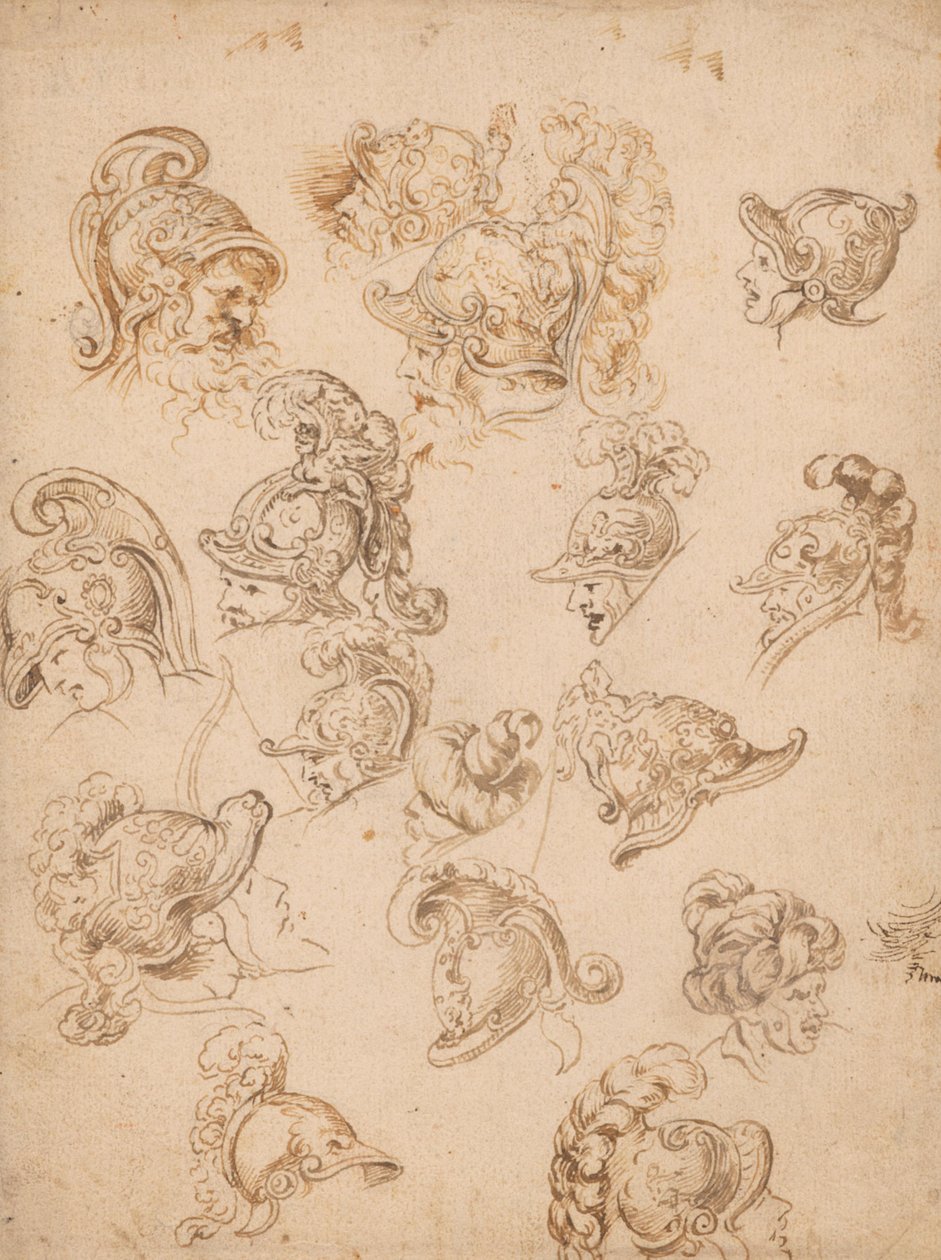 Arkusz studiów z hełmami i głowami autorstwa Peter Paul Rubens