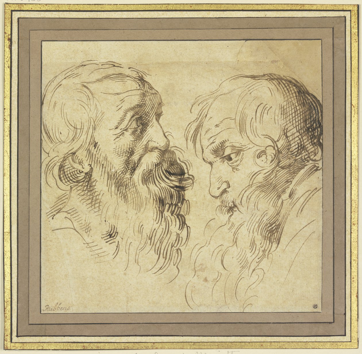 Arkusz projektowy: Dwie brodate głowy w profilu – jedna zwrócona w prawo, druga w lewo autorstwa Peter Paul Rubens
