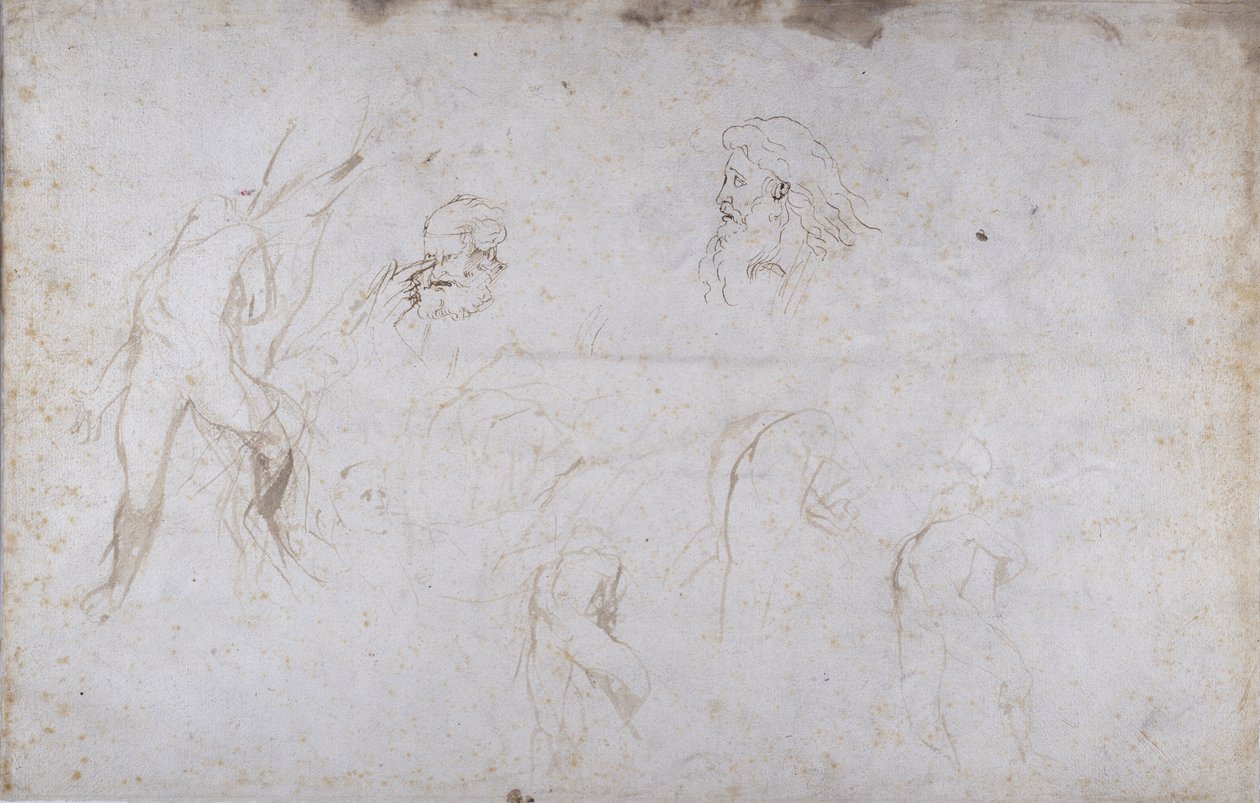Studia postaci męskiej przywiązanej do drzewa i dwóch głów mężczyzny, ok. 1601 (pióro i atrament na papierze) autorstwa Peter Paul Rubens
