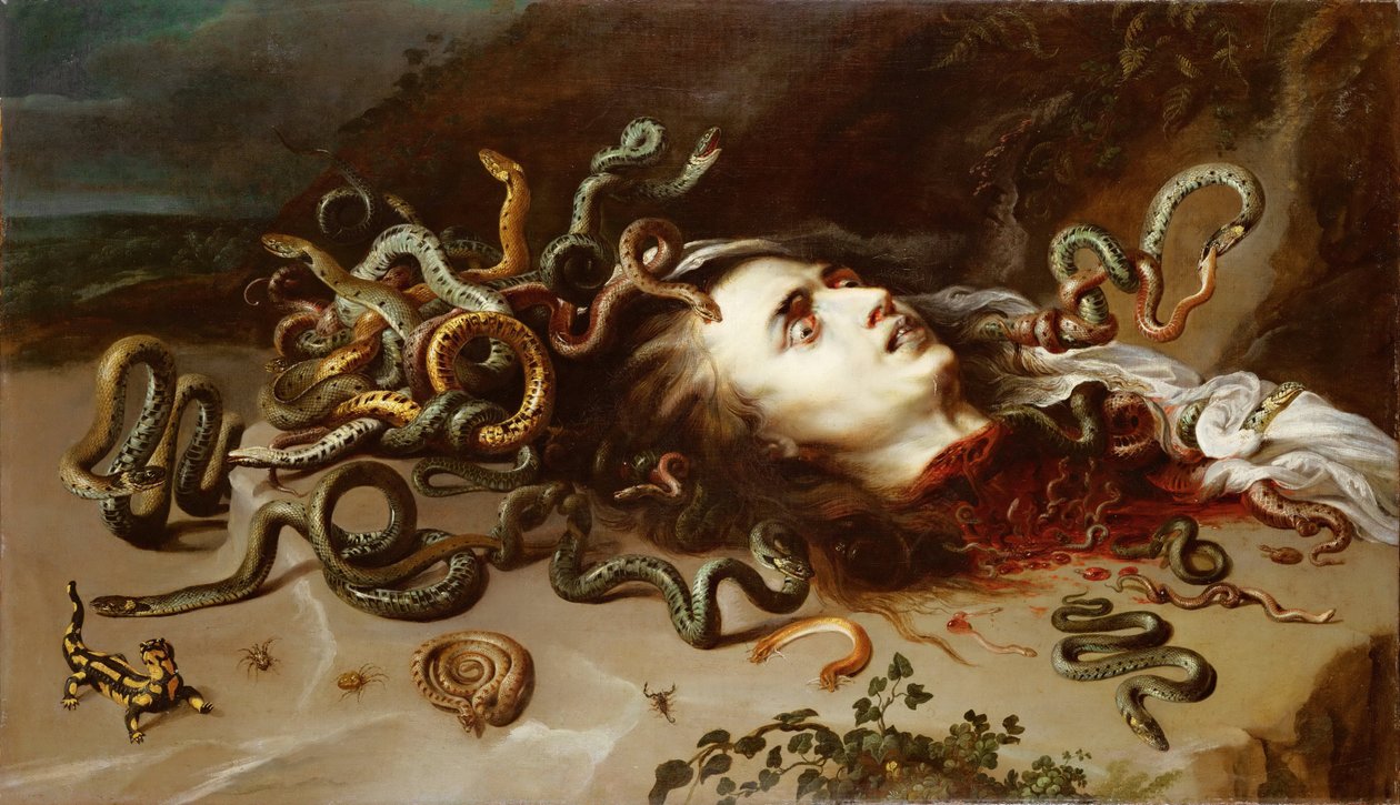Tete de Meduse - Głowa Meduzy - Pieter Paul Rubens (1577-1640). olej na płótnie, ok. 1617-1618. Wymiar : 68,5x118 cm. Muzeum Historii Sztuki, Wiedeń autorstwa Peter Paul Rubens