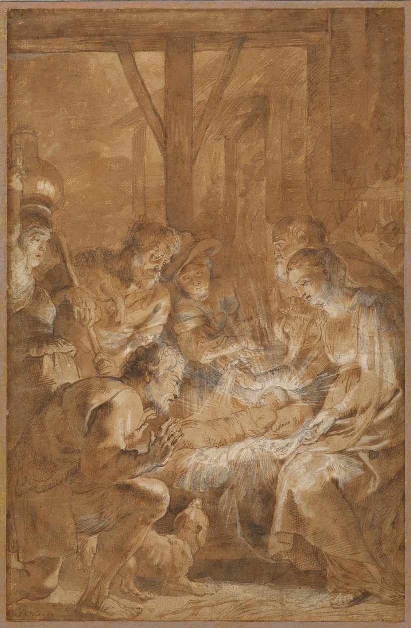Adoracja pasterzy, ok. 1613-4 (pióro i brązowy tusz z brązowym rozmyciem i białym gwaszem) autorstwa Peter Paul Rubens