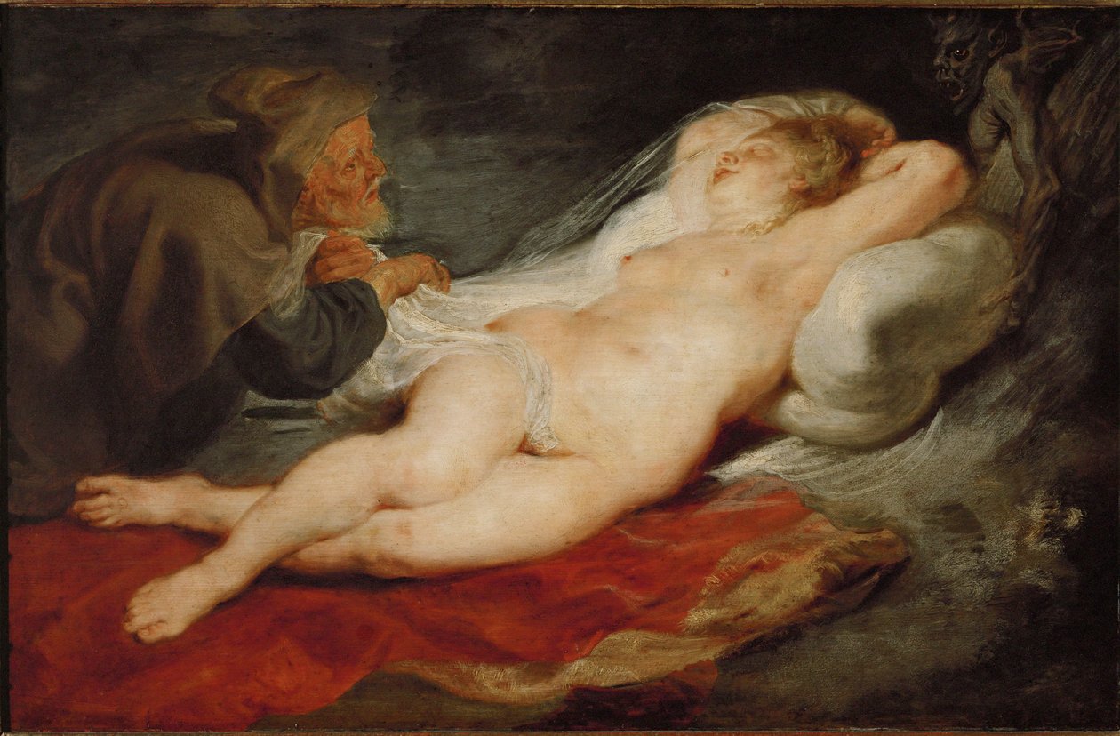 Pustelnik i śpiąca Angelika, ok. 1626-28 (olej na drewnie dębowym) autorstwa Peter Paul Rubens