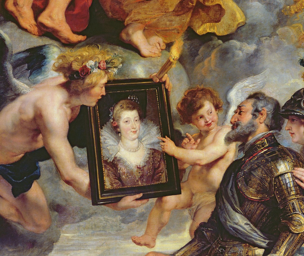 Cykl Medyceuszy: Henryk IV (1553-1610) Otrzymanie Portretu Marii Medycejskiej (1573-1642) 1621-25 (detal 17689) autorstwa Peter Paul Rubens