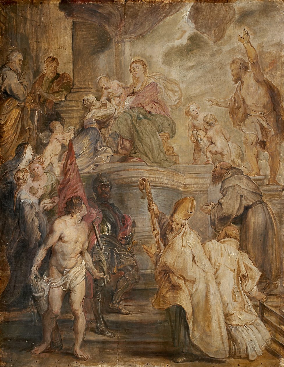 Mistyczne zaślubiny świętej Katarzyny (barwna szkicowa kompozycja do ołtarza kościoła ojców augustianów w Antwerpii), verso: dwie bitwy kawalerii autorstwa Peter Paul Rubens