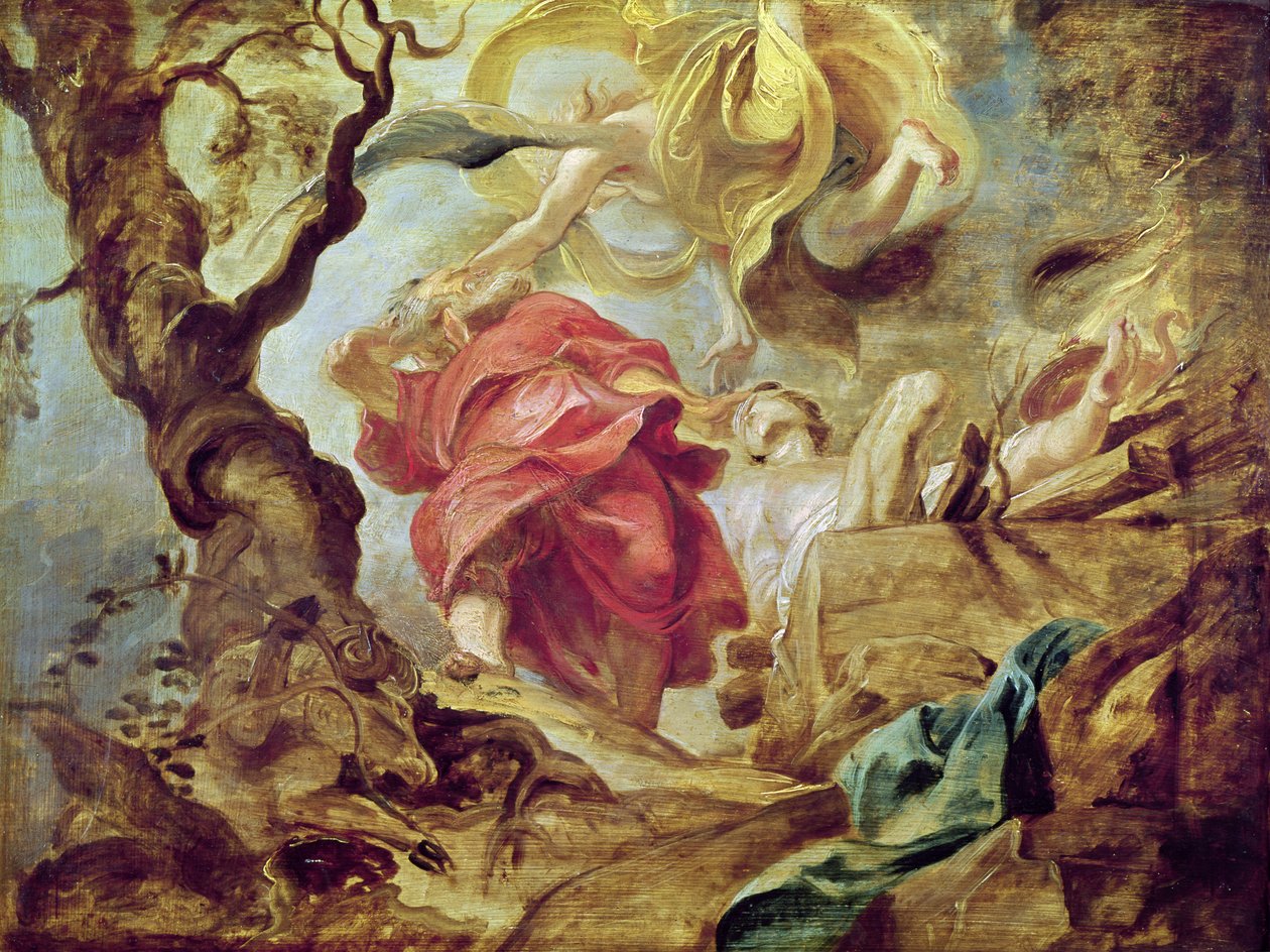 Ofiara Izaaka, szkic przekroju stropu w kościele jezuickim, Antwerpia, 1620-21 autorstwa Peter Paul Rubens