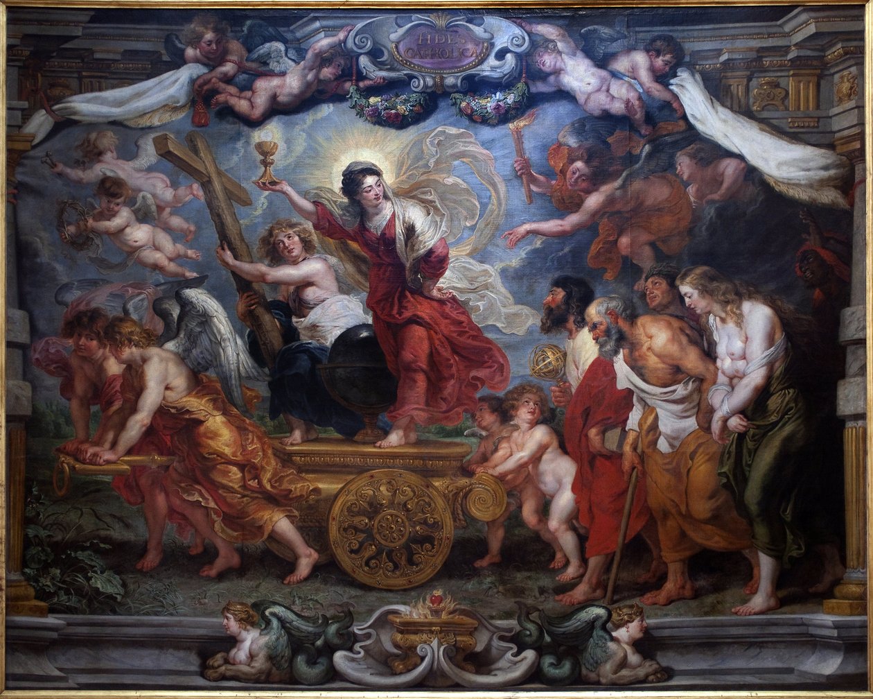 Triumf wiary katolickiej. Alegoria triumfu Eucharystii nad naturą, nauką, filozofią i poezją. Kobieta osadzona na zbiorniku trzyma kielich z hostią, symbolem Eucharystii. Aniołowie trzymają symbole Męki Pańskiej: krzyż, koronę autorstwa Peter Paul Rubens