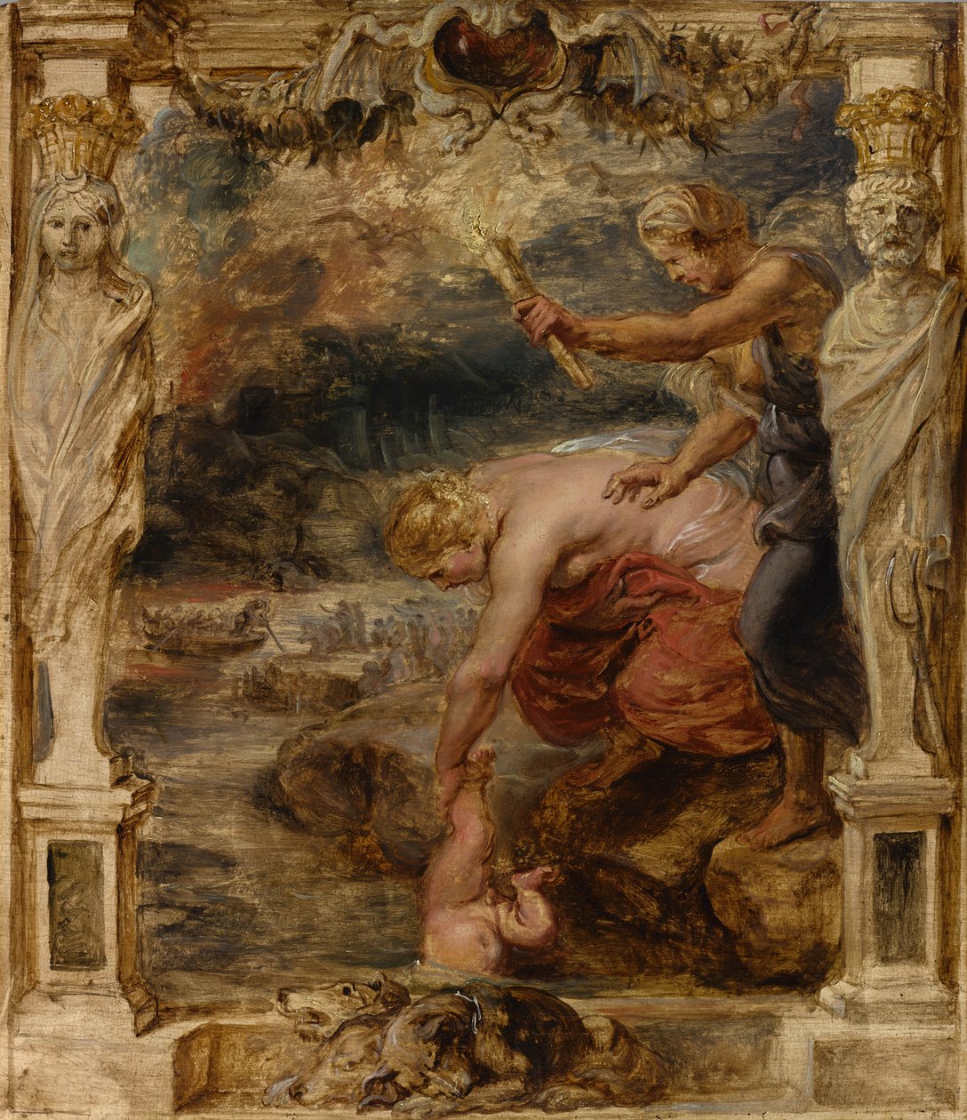 Tetyda zanurza niemowlę Achillesa w rzece Styks, ok. 1635. autorstwa Peter Paul Rubens