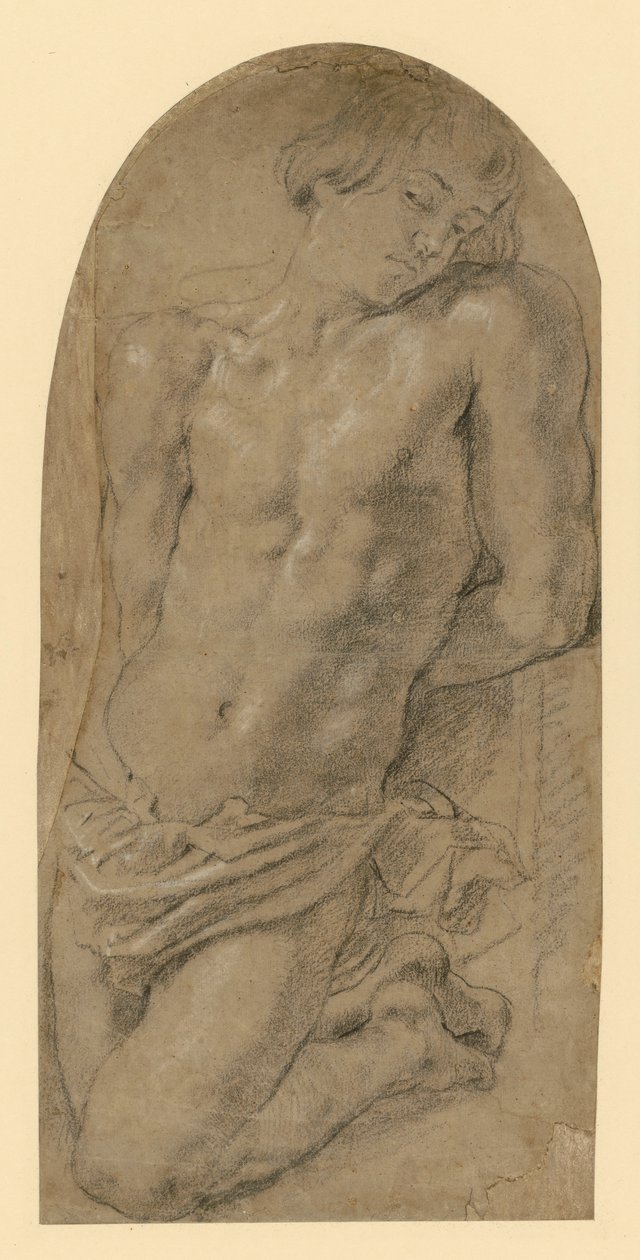 Młody mężczyzna klęczący po lewej stronie z rękami związanymi za plecami. (Wstępne studium dla Izaaka na obrazie "Ofiara Abrahama") autorstwa Peter Paul Rubens