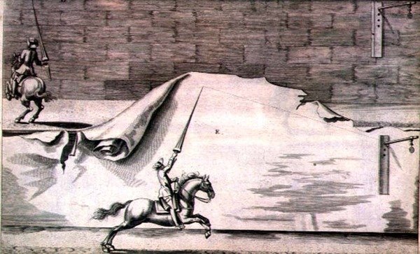 Dwóch kawalerzystów trenujących z kopiami z „Nowego traktatu o hodowli koni” autorstwa Wintersa, Stutereya i Reit-Schula, wyd. 1672 (grawerowanie) autorstwa Peter Paul Troschel