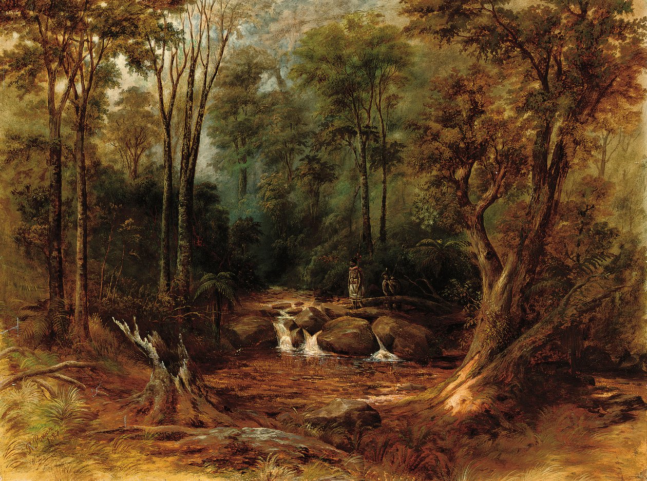Maorysi przechodzą przez leśny potok, 1887 autorstwa Peter Power