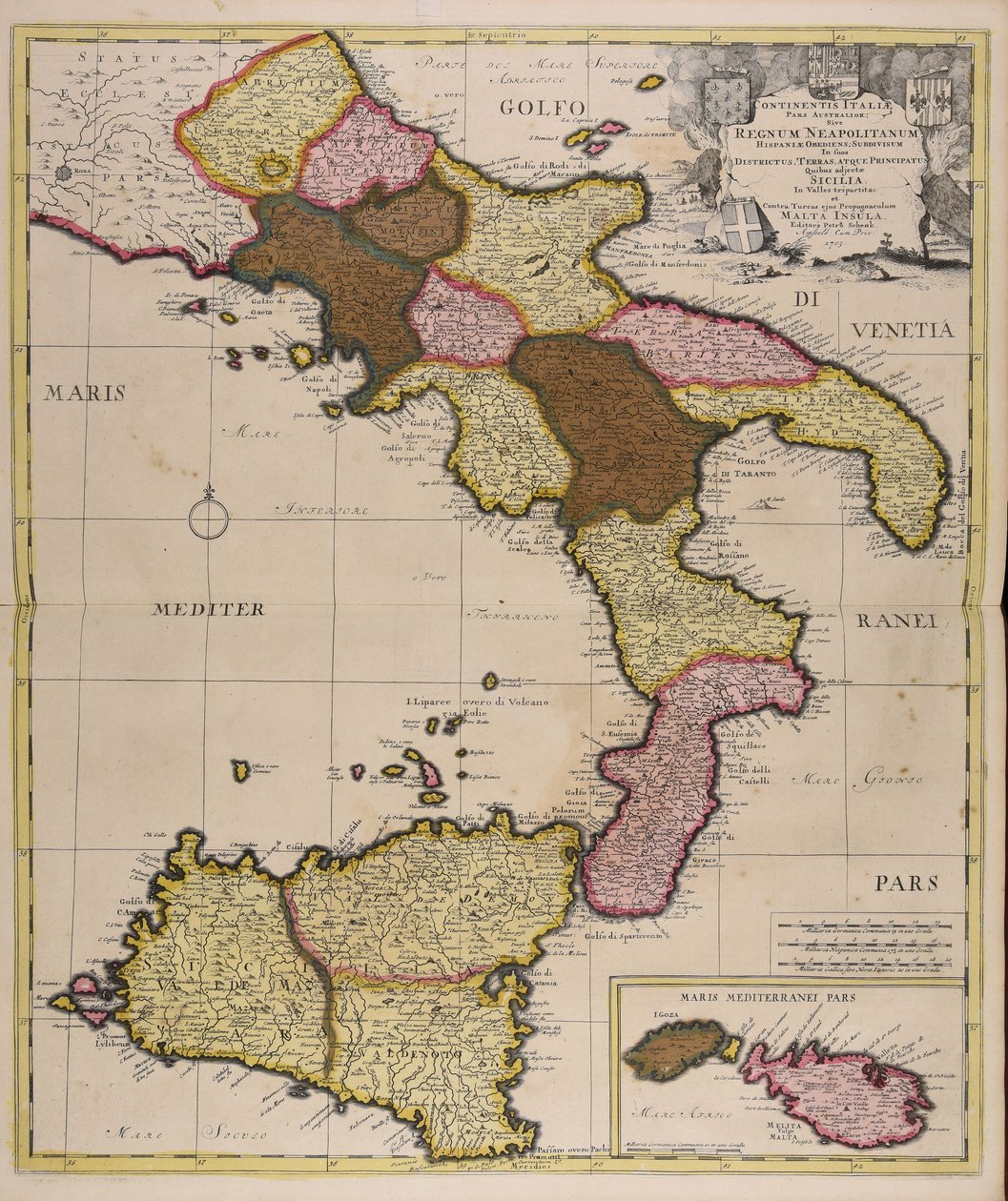 Continentis Italiae pars australior sive regnum Neapolitanum Hispaniae obediens subdivisum in suos districtus terras atque principatus quibus adjectae Sicilia in valles tripartita et contra Turcas ejus propugnaculum Malta insula autorstwa Peter Schenk the Elder