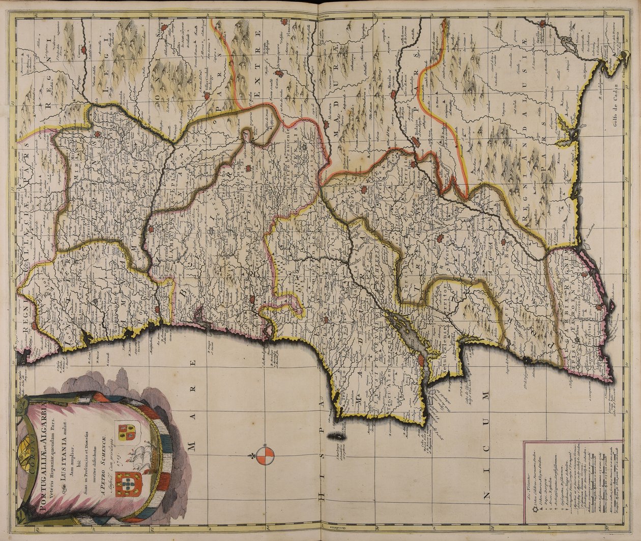 Corona Portugalliae et Algarbiae veteris Hispaniae quondam pars quae Lusitania audiit jam amplior hic suas in provincias et dioeceses noviter distributas autorstwa Peter Schenk the Elder