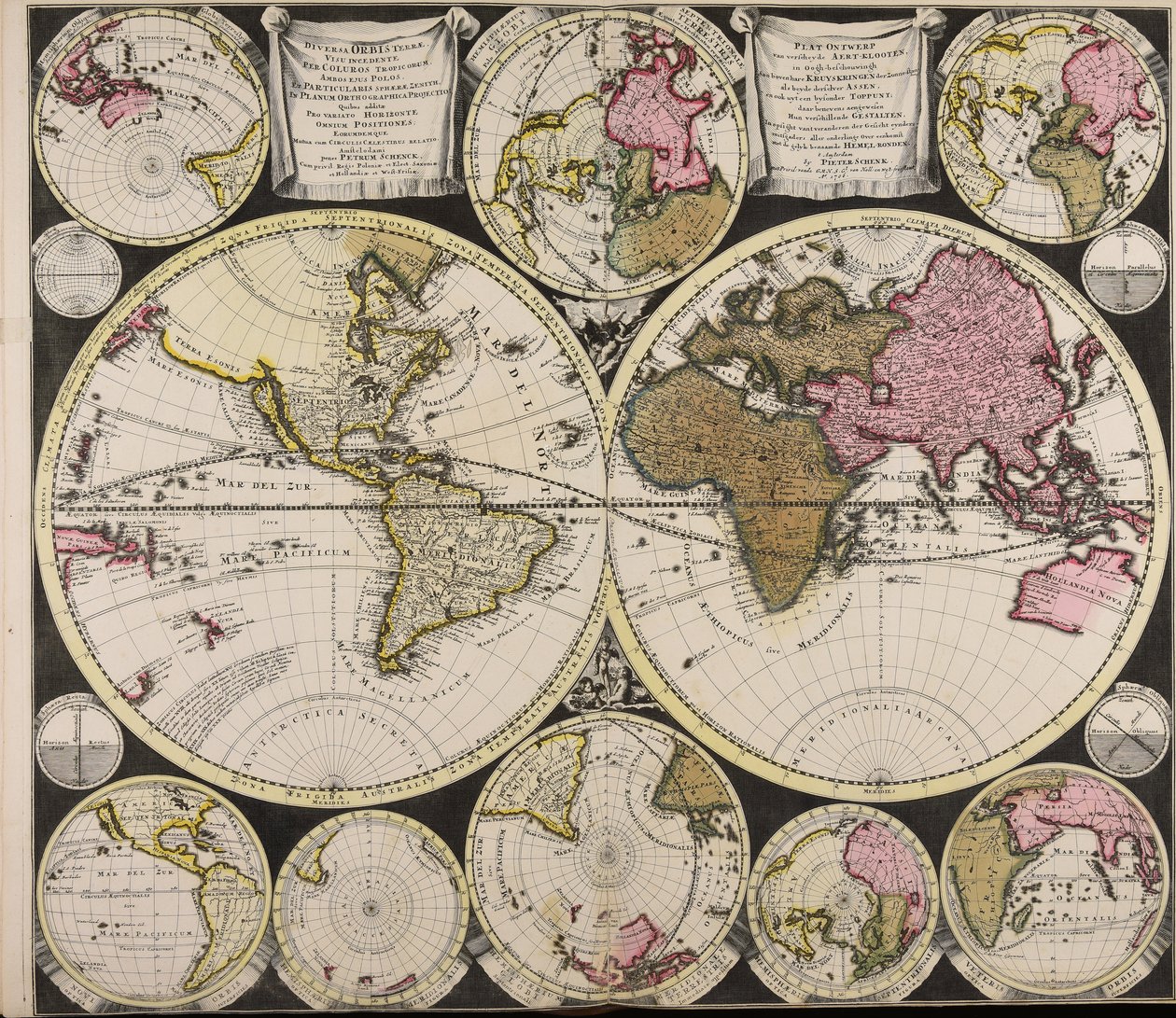 Diversa orbis Terrae visu incedente per coluros Tropicorum ambos ejus polos et particularis sphaerae zenith in planum orthographica projectio quibus additae pro variato horizonte omnium positiones eorumdemque mutua cum circulis caelestibus relatio  Plat O autorstwa Peter Schenk the Elder