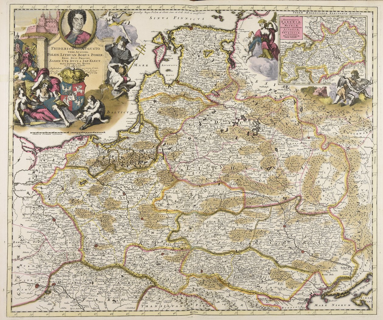 Fryderyk August kuzyn Augusta Polona. Litwin. Borus. Pomer. królowie książęta książęta Saxon. Utr. książęta S. Imp. elekt. haec imperii sui regna D.D.D. P. Schenkius sculpt. regius Amstelodami exc. prope forum autorstwa Peter Schenk the Elder