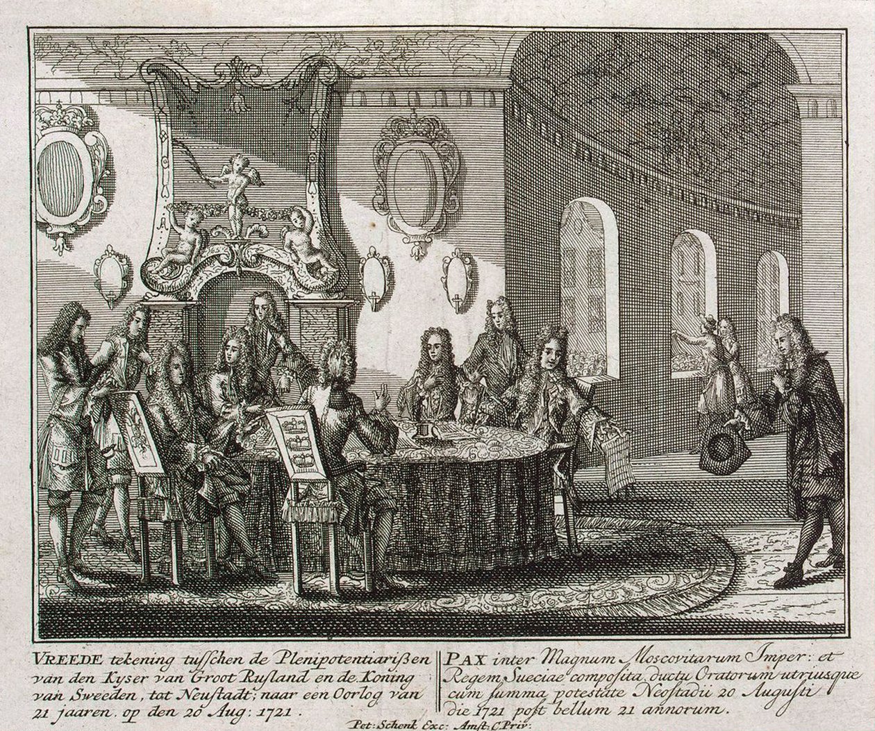 Zawarcie traktatu pokojowego w Nystad 20 sierpnia 1721 r. autorstwa Peter Schenk the Younger