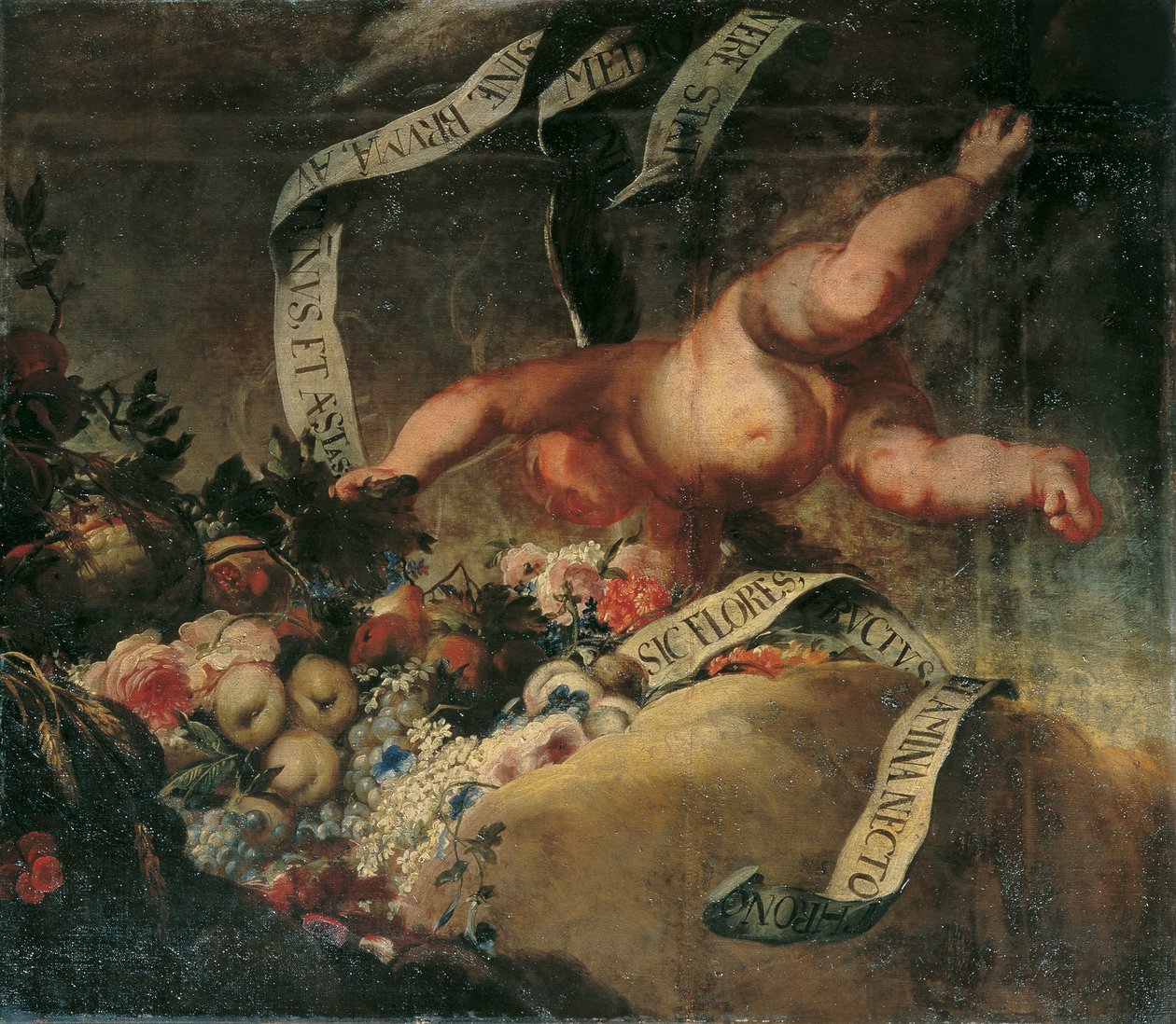 Putto z kwiatami, owocami i banerem autorstwa Peter Strudel